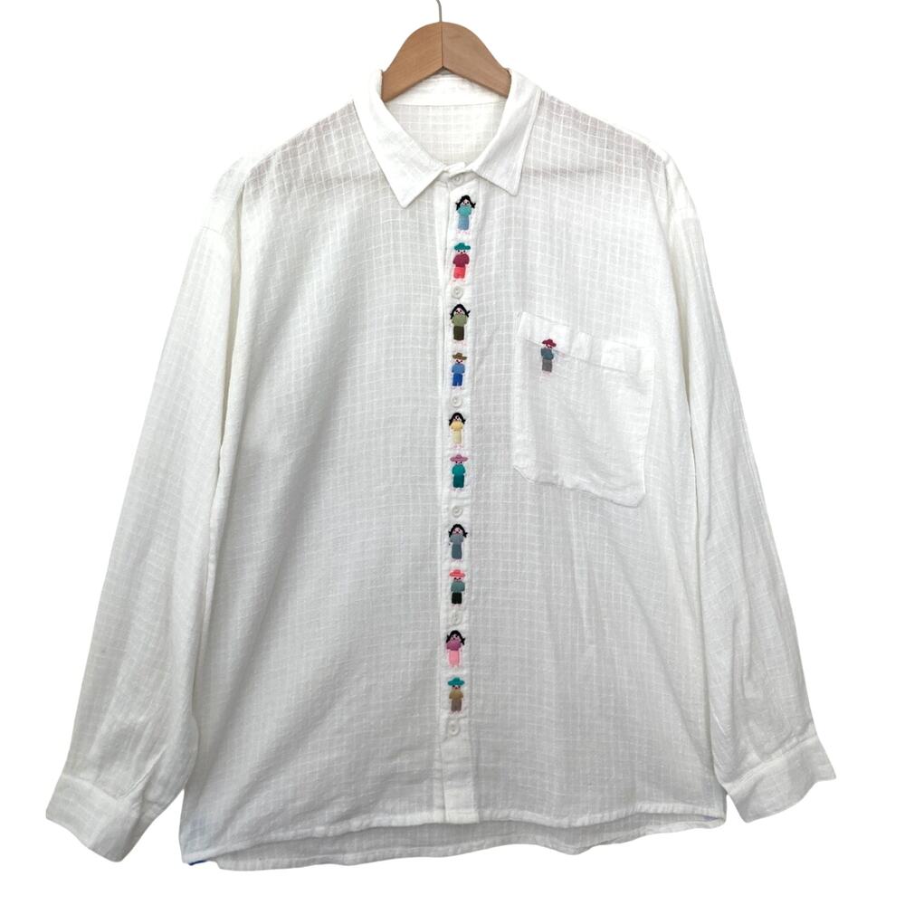 Vintage Peruvian Style Whimsical Hand Embroidered Cotton Gauze Button Up Shirt